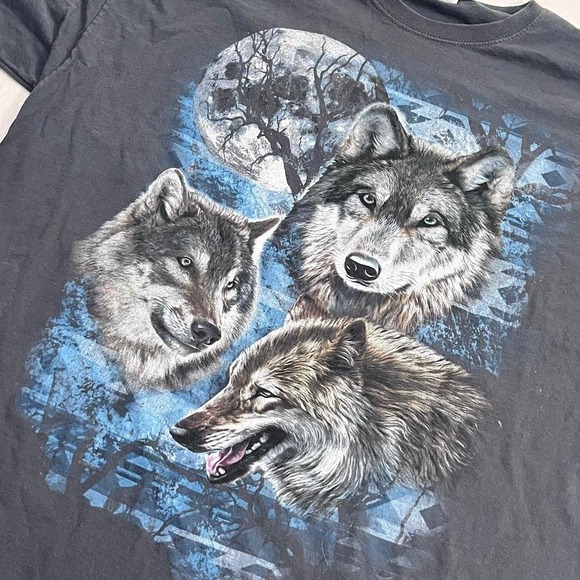 Vintage Wolf Graphic T-Shirt Men's 2XL Moon Wildlife Nature Tee Black FOTL - Picture 2 of 8